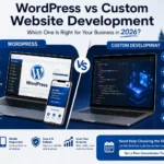 WordPress vs Custom Website Development comparison for businesses in 2026 by MA TechPros showing features, SEO benefits, cost, scalability, and performance.