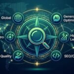 A simulated modern "digital compass" visualization. A central stylized magnifying glass is surrounded by icons: a globe (Global), a speech bubble with 'AI' (GEO), a dollar graph (Leads), and code brackets (SEO). Glowing network background, deep blues, greens, and gold.