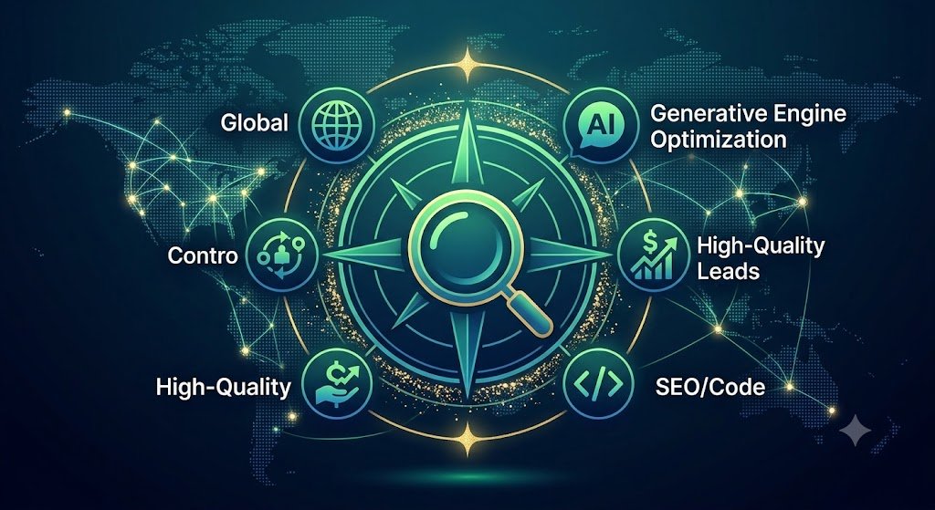 A simulated modern "digital compass" visualization. A central stylized magnifying glass is surrounded by icons: a globe (Global), a speech bubble with 'AI' (GEO), a dollar graph (Leads), and code brackets (SEO). Glowing network background, deep blues, greens, and gold.
