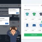 A simulated sleek split-screen comparison. Left side (poor design) is cluttered and dark, with confusing red error symbols and a frustrated avatar. Right side (good design) is bright and intuitive, with a clear green checkout button, a smiling avatar, and a smooth path to payment.