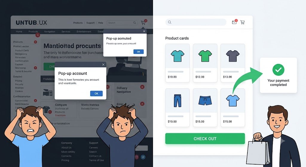 A simulated sleek split-screen comparison. Left side (poor design) is cluttered and dark, with confusing red error symbols and a frustrated avatar. Right side (good design) is bright and intuitive, with a clear green checkout button, a smiling avatar, and a smooth path to payment.
